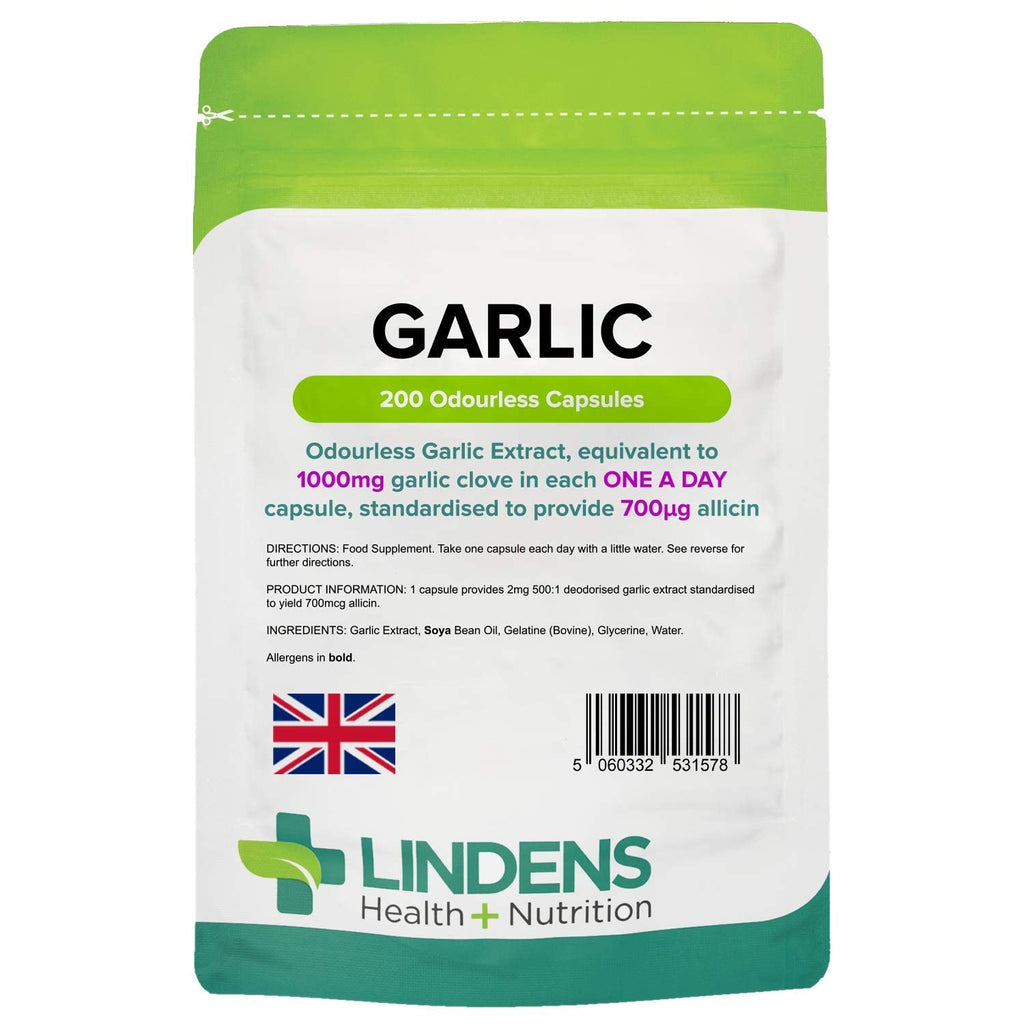 [Australia] - Lindens Garlic Odourless Capsules - 1000mg (700mcg Allicin) - 200 Capsules for 200 Days’ Supply - UK Manufacturer, Letterbox Friendly 