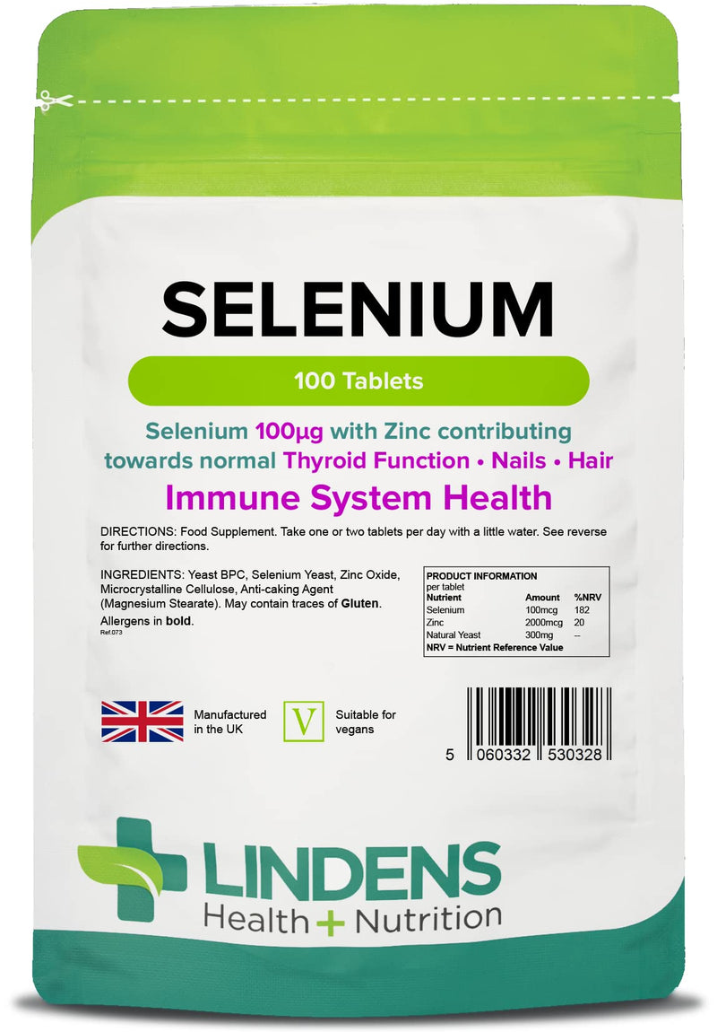 [Australia] - Lindens Selenium 100mcg & Zinc - 100 Vegan Tablets - Healthy Skin, Nails, Hair, Thyroid, Immune Health | Made in The UK | (3 Months Supply) | Letterbox Friendly 