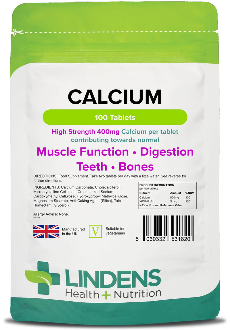 [Australia] - Lindens Calcium 400mg Tablets with Vitamin D3-100 Tablets - Contributes to Normal Muscle Function, Bones, Teeth and Digestion - 50 Days - UK Manufacturer, Letterbox Friendly 