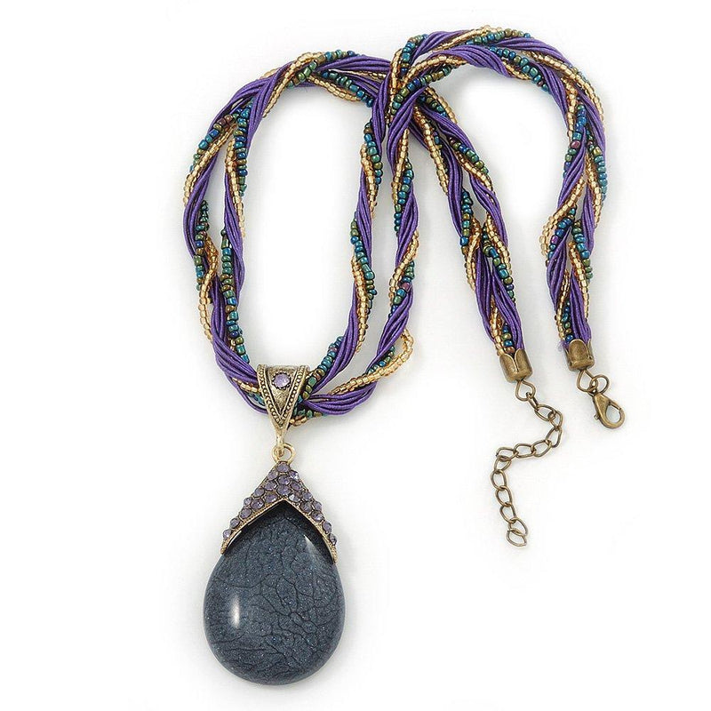 [Australia] - Avalaya Vintage Bead Purple Teardrop Glass Pendant Necklace in Antique Gold Metal - 38cm Length/ 5cm Extender 