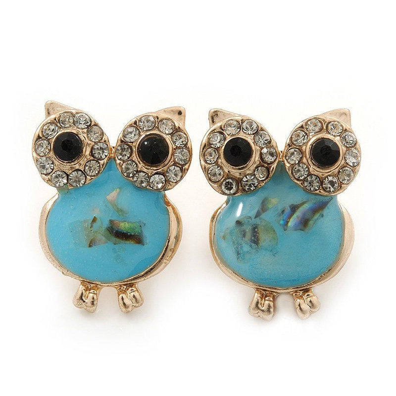 [Australia] - Funky Light Blue Crystal 'Owl' Stud Earrings In Gold Plating - 18mm Length 