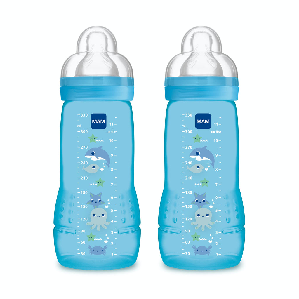 [Australia] - MAM Coloured 2nd Age 330ml Bottle 6 Months Debit Teat (Pack of 2) Blue 2 Count (Pack of 1) 