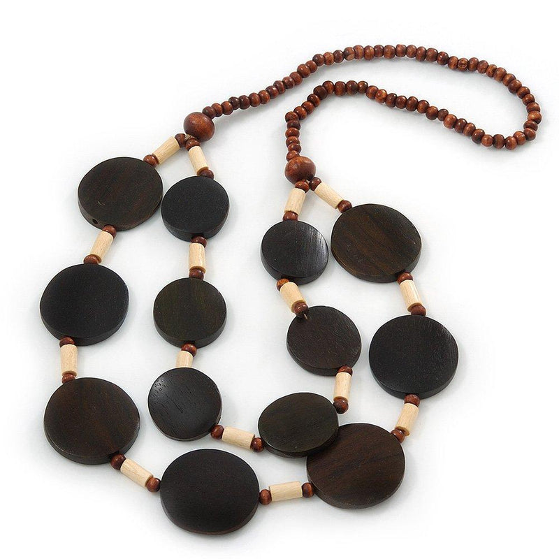 [Australia] - Wood Round Bead, Layered Necklace (Brown/ Cream) - 74cm Length 