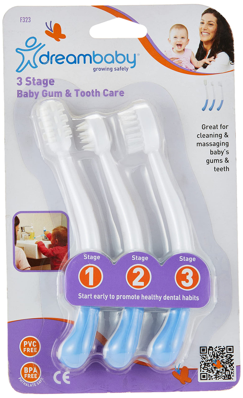 [Australia] - Dreambaby 3 Stage Baby Gum & Tooth Care Toothbrush - Soft & Gentle Rubber Bristles - Ergonomic Easy Grip Handle - for Young Gums & Developing Teeth - Blue - Model F323 