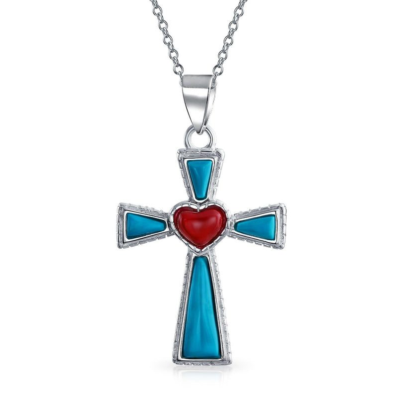 [Australia] - Bling Jewelry Southwestern Style Semi Precious Gemstones Red Heart Cross Pendant Religious 925 Sterling Silver Necklace for Women Teen Turquoise 