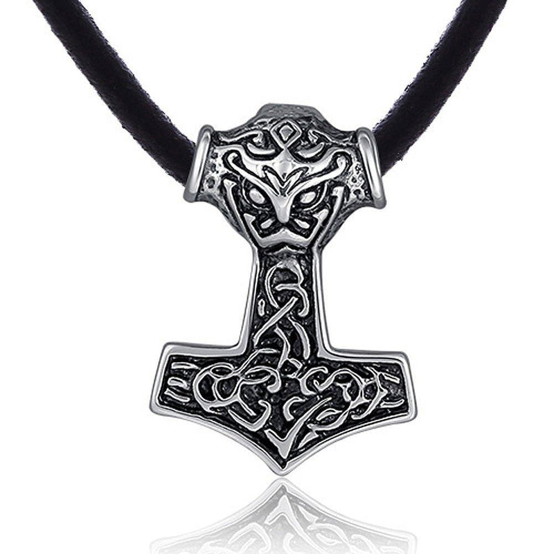 [Australia] - DonDon Men´s Necklace Leather 50 cm 19,7" with Thor Hammer Pendant Stainless Steel in a Black Velvet Gift Bag 