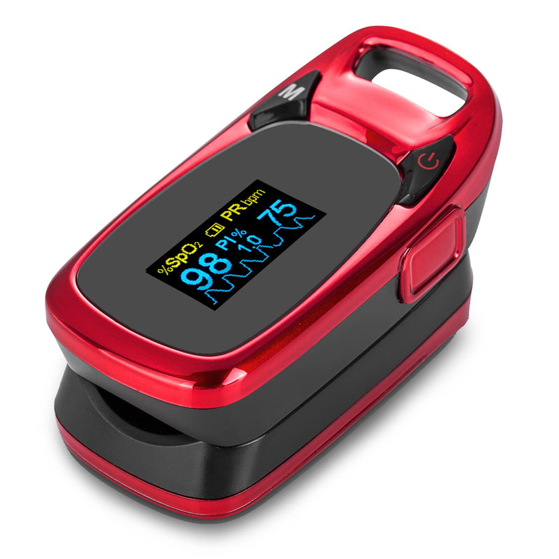 [Australia] - Finger Pulse Oximeter, Blood Oxygen Saturation Monitor for Pulse Rate, Heart Rate Monitor and SpO2 levels, CE Approved UK, OLED Screen Display, Including Batteries and Lanyard Red 
