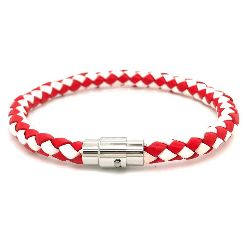 [Australia] - Mens Red and White Leather Bracelet with Stainless Steel, Bayonet/Magnetic Clasp, 21cm. Great Gift by Tribal Steel 