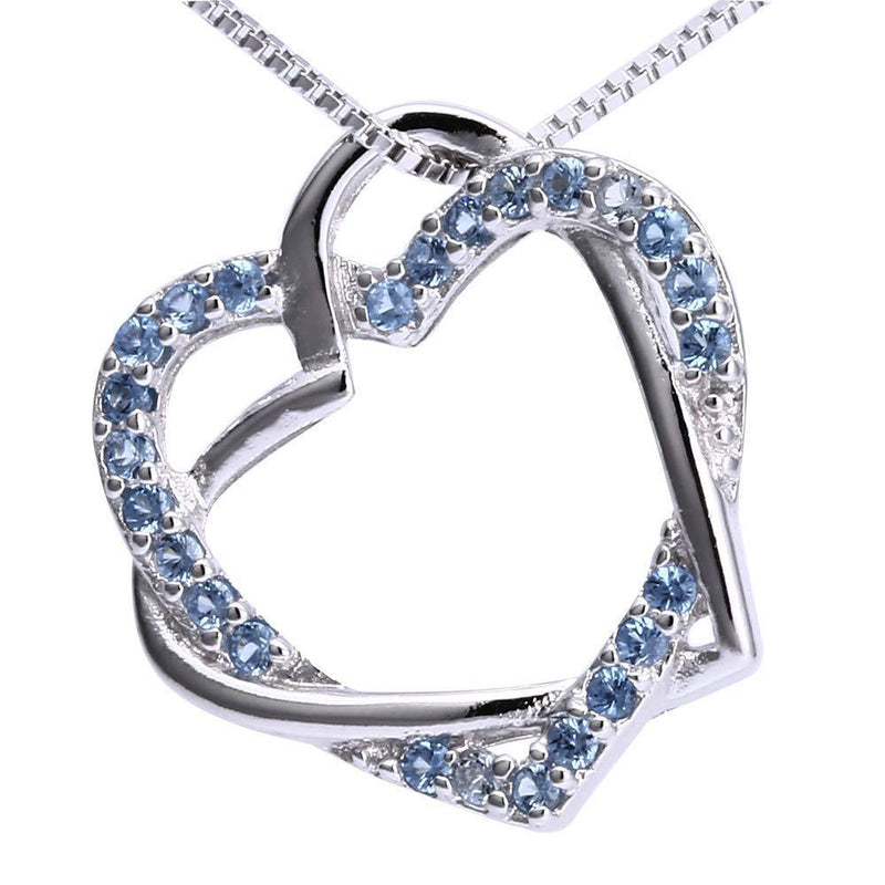 [Australia] - Solid 925 Sterling Silver Aqua Blue Stone set Twin Heart Pendant & 16" Sterling Silver Chain Necklace 