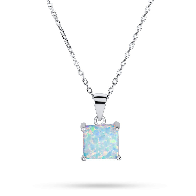 [Australia] - Bling Jewelry 1CT Solitaire Square Princess Cut Blue White Created Opal Pendant Necklace for Women Sterling Silver October Birthstone 