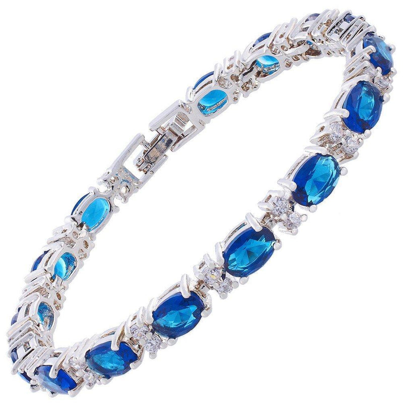 [Australia] - Rizilia Eternity Tennis Bracelet [18cm/7inch] with Oval Cut Gemstones CZ [6 Colours Available] in 18K White Gold Plated, Simple Modern Elegance Blue Sapphire 