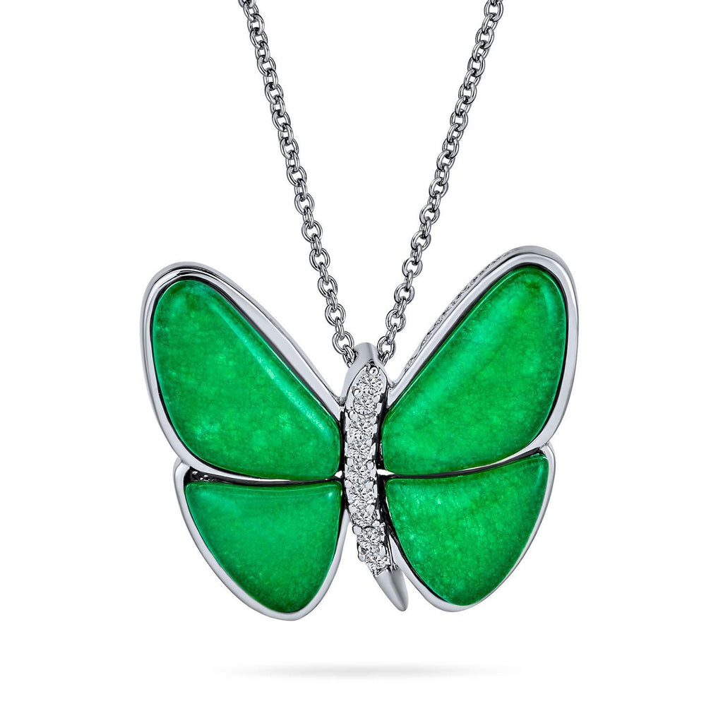 [Australia] - Bling Jewelry Green Dyed Quartz Simulated Jade Garden Butterfly Pendant 925 Sterling Silver Necklace for Women Girlfriend with Chain 