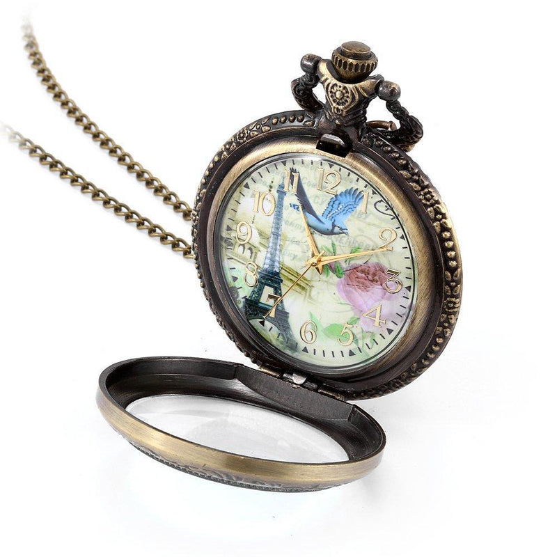 [Australia] - JewelryWe Retro Vintage Style French Tower Pocket Watch Pendant Rose and Bird Design Mens Women's Locket Watch 31" Chain Included (with Gift Bag) 