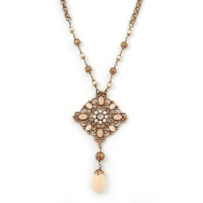 [Australia] - Avalaya Vintage Inspired Square Filigree, Simulated Pearl Pendant with Chunky Round Link Chain in Antique Gold Metal - 38cm Length/ 6cm Extension 