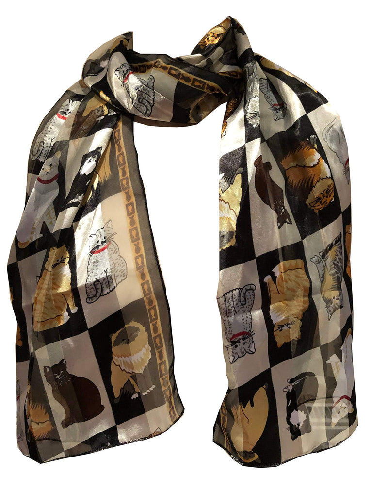 [Australia] - Pamper Yourself Now Ladies Shiny cat Scarf with a Square Design and Multi Coloured Cats. Great Present for Any cat Lovers. Black 