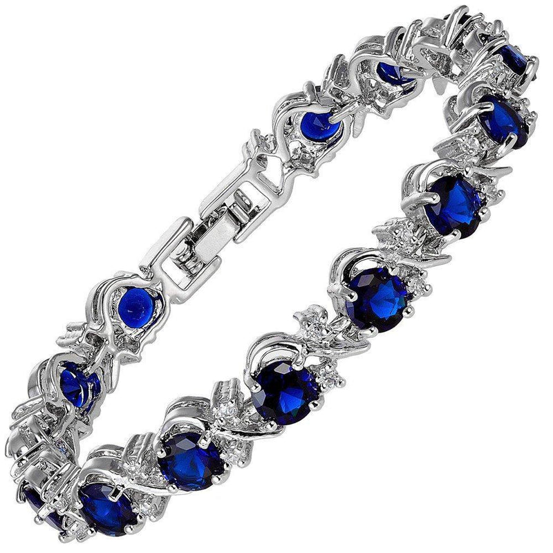 [Australia] - RIZILIA Blossom Tennis Bracelet [18cm/7inch] with Round Cut Gemstones CZ [6 Colours Available] in 18K White Gold Plated, Simple Modern Elegance Blue Sapphire 