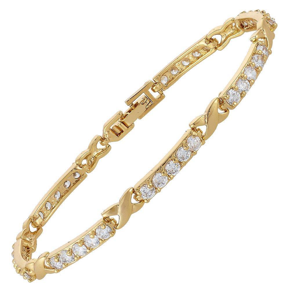 [Australia] - RIZILIA XOXO Link Tennis Bracelet [18cm/7inch] with Round Cut Gemstones CZ [White Topaz] in 18K Yellow Gold Plated, Simple Modern Elegance 