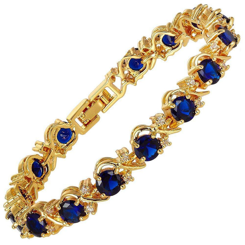 [Australia] - RIZILIA Blossom Tennis Bracelet [18cm/7inch] with Round Cut Gemstones CZ [6 Colours Available] in 18K Yellow Gold Plated, Simple Modern Elegance Blue Sapphire 