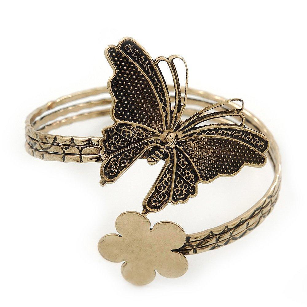 [Australia] - Avalaya Vintage Inspired Hammered Butterfly & Flower Upper Arm, Armlet Bracelet in Antique Gold Tone - Adjustable 