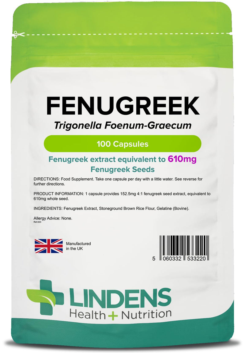 [Australia] - Lindens Fenugreek 610mg - 100 Capsules | Rich in Saponins (3+ Months Supply), UK Made | Natural Herbal Food Supplement in Rapid Release, Easy to Swallow Capsule, Letterbox Friendly 