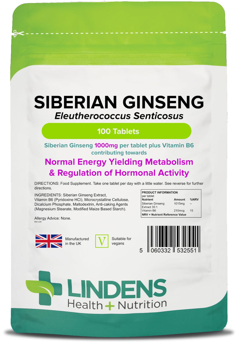 [Australia] - Lindens Siberian Ginseng 1000mg Tablets - 100 Pack - Potent Extract of Eleutherococcus Senticosus in A Convenient One-a-Day Tablet - UK Manufacturer, Letterbox Friendly 