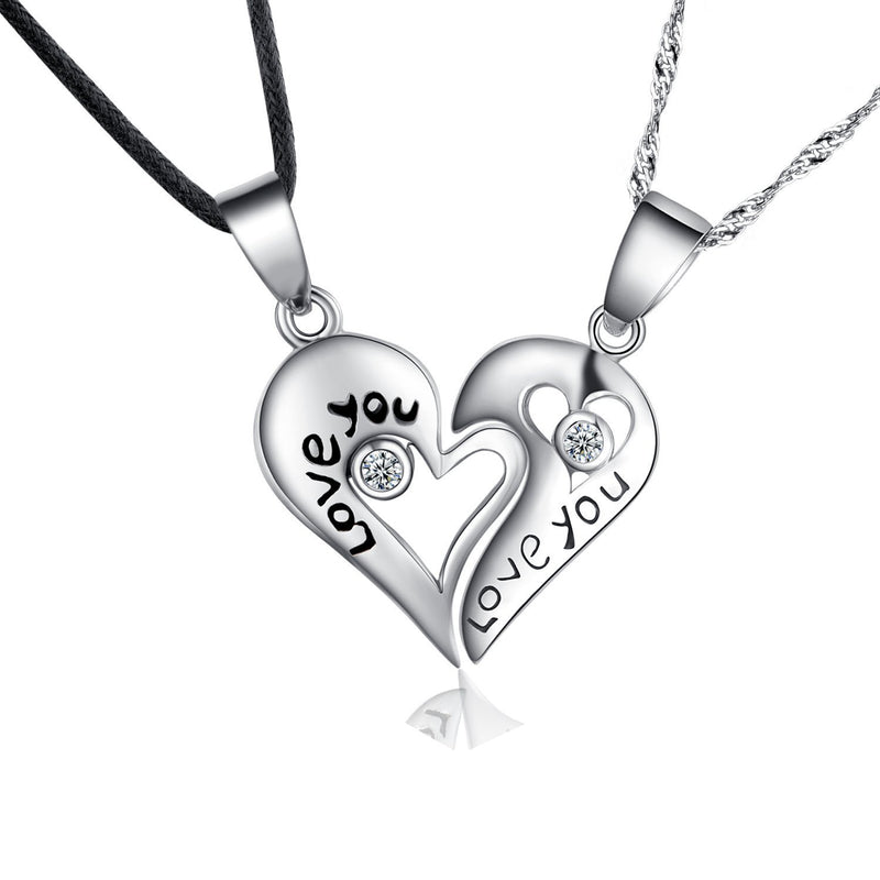 [Australia] - Sterling Silver Two Piece Heart "Love You" Couples Pendant Necklace Set, Cubic Zirconias Accented, Gift Boxed 