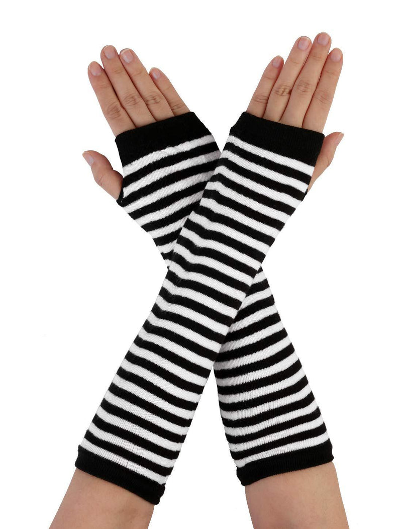 [Australia] - sourcingmap Women Winter Stripes Heart Print Fingerless Thumbhole Elastic Long Knitted Gloves One Size Black-white 