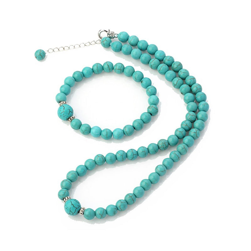 [Australia] - TreasureBay 8-12mm Round Shape Turquoise Gemstone Beaded Necklace and Matching Bracelet Jewellery Set 
