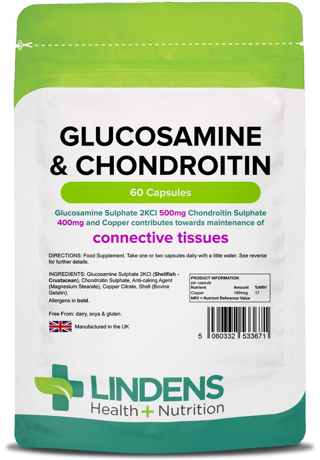 [Australia] - Lindens Glucosamine & Chondroitin + Copper 500/400 Capsules - 60 Pack - Glucosamine Sulphate 2KCI 500mg & Chondroitin Sulphate 400mg - UK Manufacturer, Letterbox Friendly 60 Count (Pack of 1) 