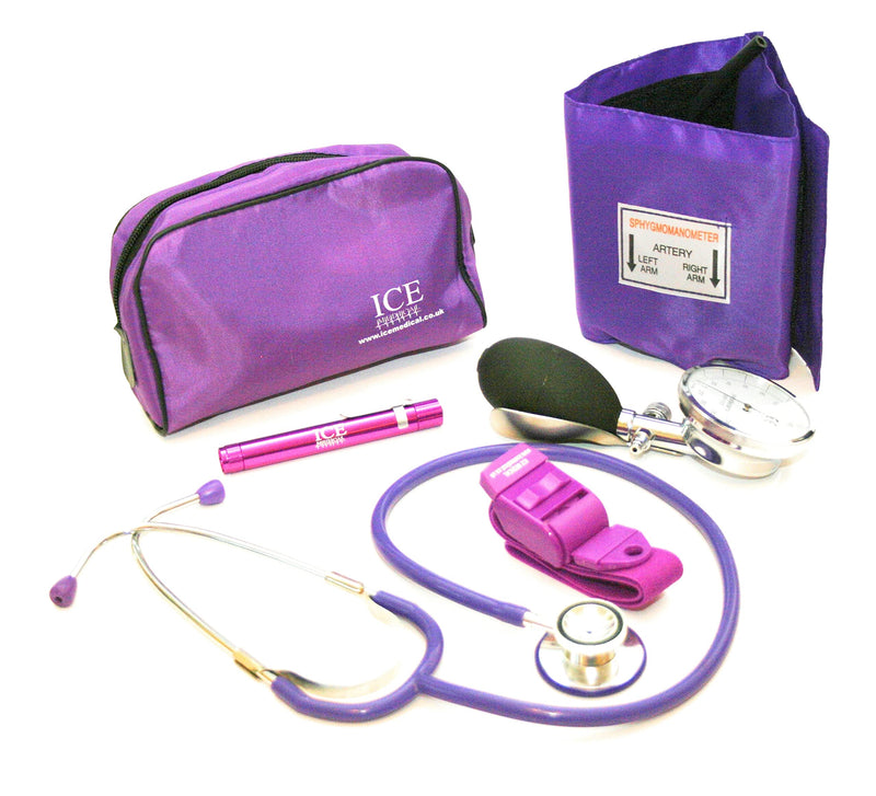[Australia] - ICE Medical Purple Aneroid Blood Pressure Sphygmomanometer Monitor, Stethoscope, Pen Light (Pen Torch) and Tourniquet - GP Set 