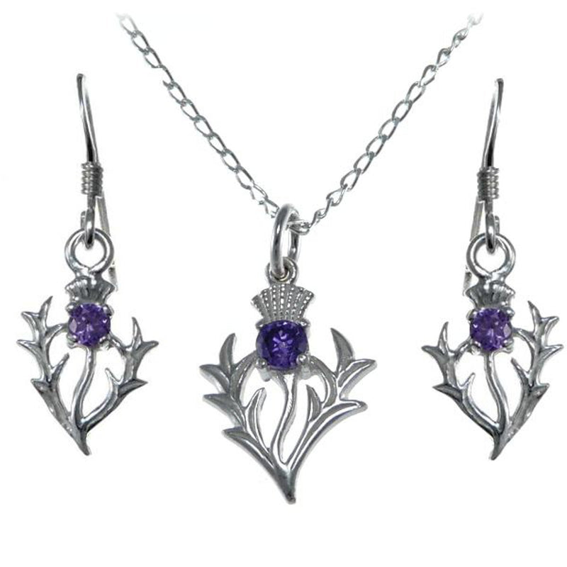 [Australia] - Sterling Silver Amethyst Thistle Pendant and Earrings Scottish Gift Set 