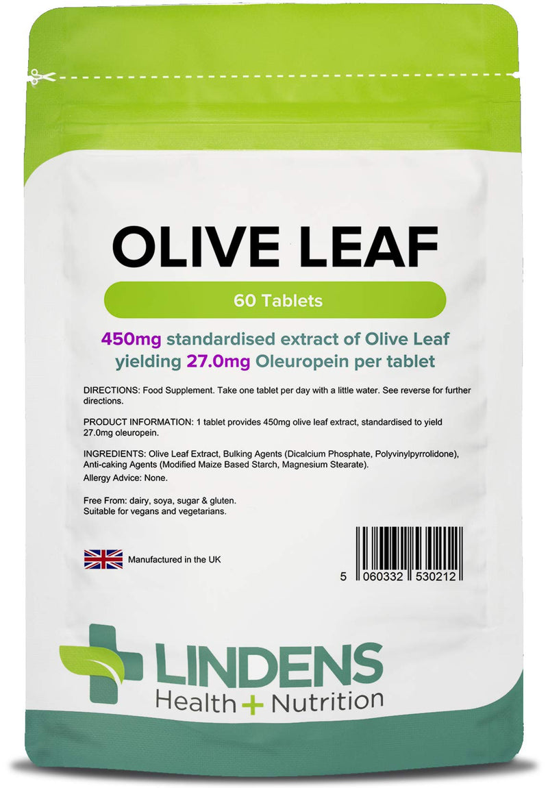 [Australia] - Lindens Olive Leaf Extract 450mg (27mg Oleuropein) - 60 Tablets - UK Made | Vegan | (2+ Months Supply) | Standardised Extract | Cleanse, Antioxidant | Letterbox Friendly 