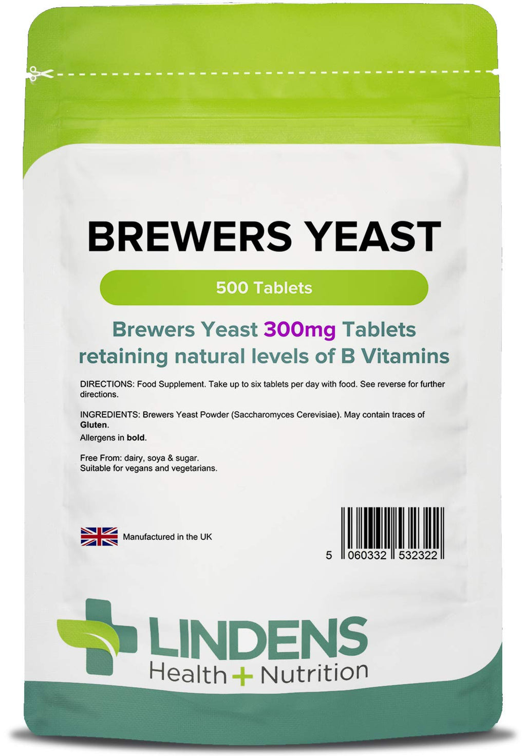 [Australia] - Lindens Brewers Yeast 300mg - 500 Vegan Tablets - Natural Vitamins & Micronutrients and Non-Debittered for Maximum Nutrition | B Vitamins, Amino Acids, Minerals | Made in The UK, (3 Months Supply) 