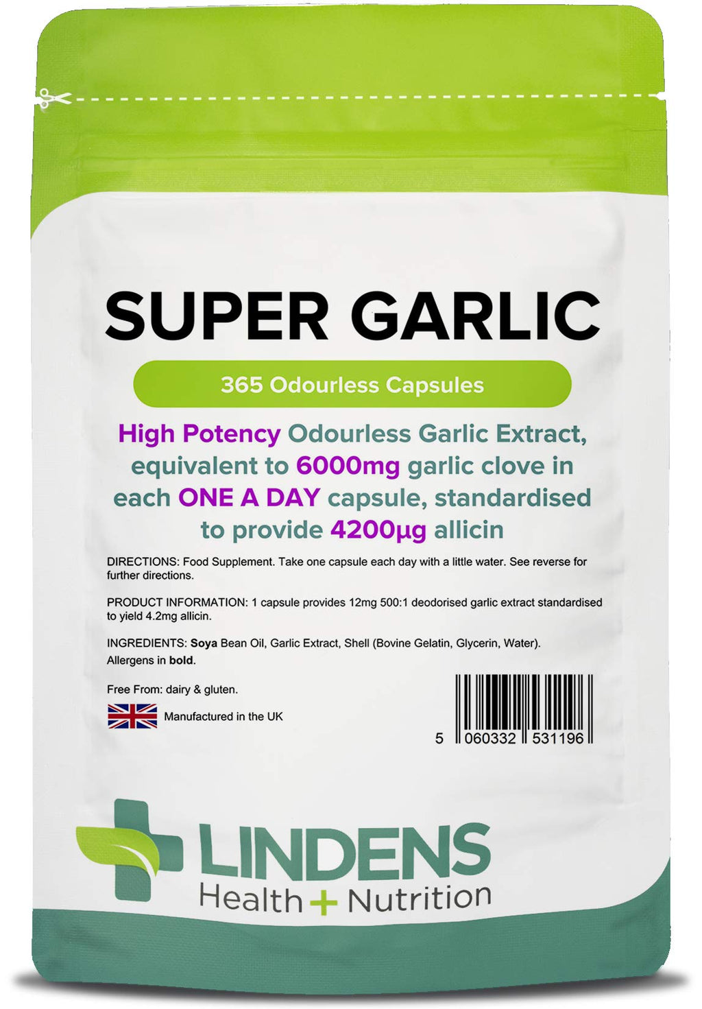 [Australia] - Lindens Super Garlic Odourless Capsules - 365 Pack - High Strength 6000mg (4200mcg Allicin) - Contributes to Normal Muscle Function, Heart Health and Immune Health - UK Manufacturer, Letterbox Friendly 