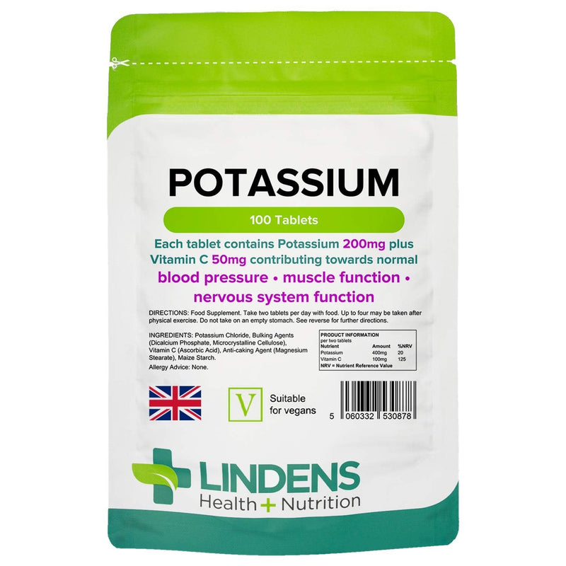 [Australia] - Lindens Potassium 200mg Tablets with 50mg Vitamin C - 100 Tablets - Contributes to Normal Blood Pressure, Muscle Function and Nervous System Function - UK Manufacturer, Letterbox Friendly 200 Count (Pack of 50) 