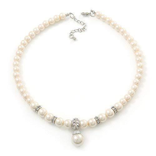 [Australia] - Avalaya Prom, Bridal, Wedding 8mm, 10mm White Simulated Glass Pearl Necklace with Crystal Rings - 38cm Length/ 6cm Extension 