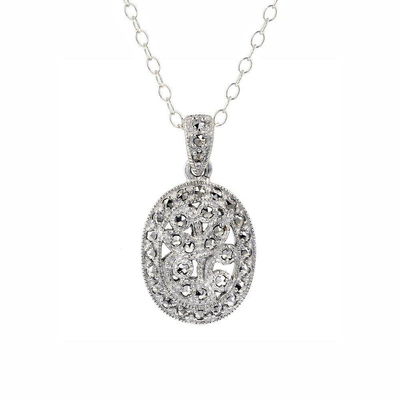 [Australia] - Esse Marcasite Rhodium Plated Oval Olive Branch Marcasite Pendant with 46cm Chain 