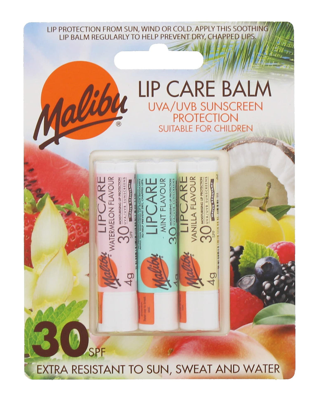 [Australia] - Malibu Sun SPF 30 Lip Balm Sunscreen, Watermelon, Mint and Vanilla, 3 x 5g 4 g (Pack of 3) 