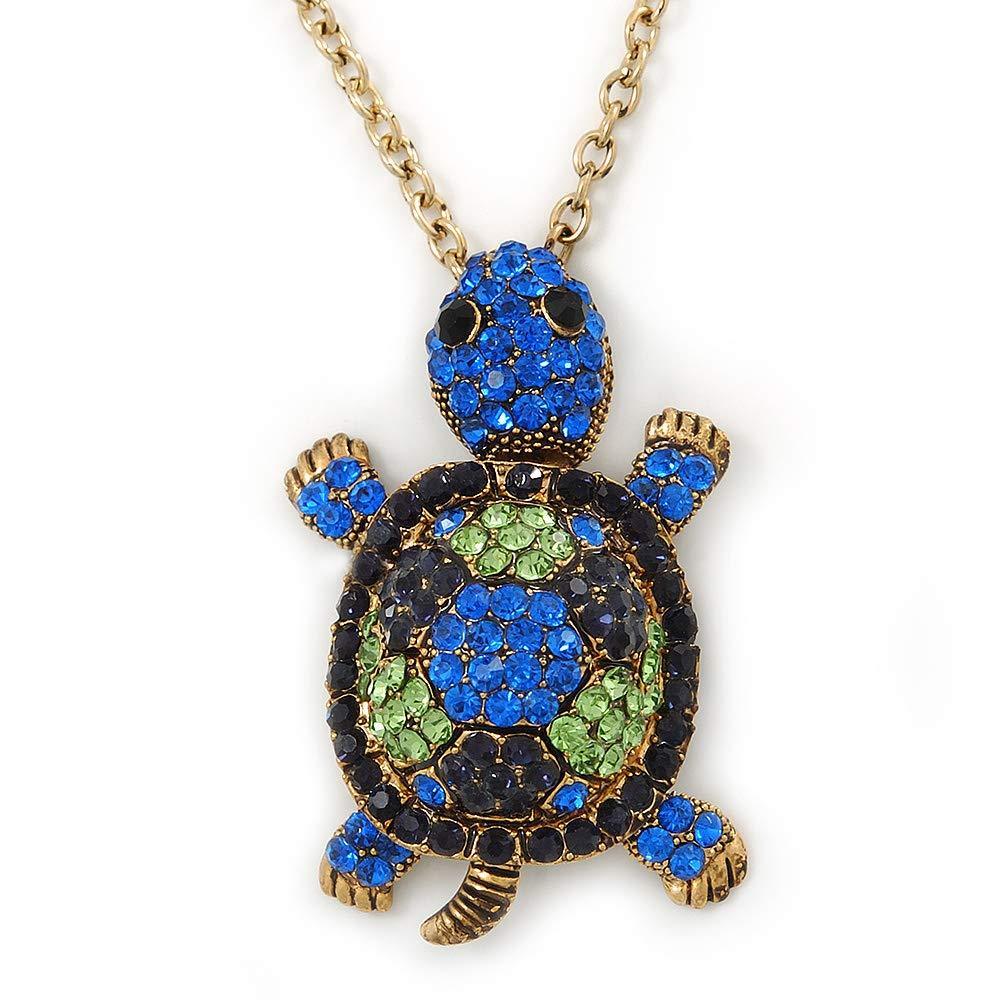 [Australia] - Avalaya Light Green, Sapphire, Dark Blue Diamante Turtle Pendant with Long Gold Tone Chain - 70cm Length/ 5cm Extension 