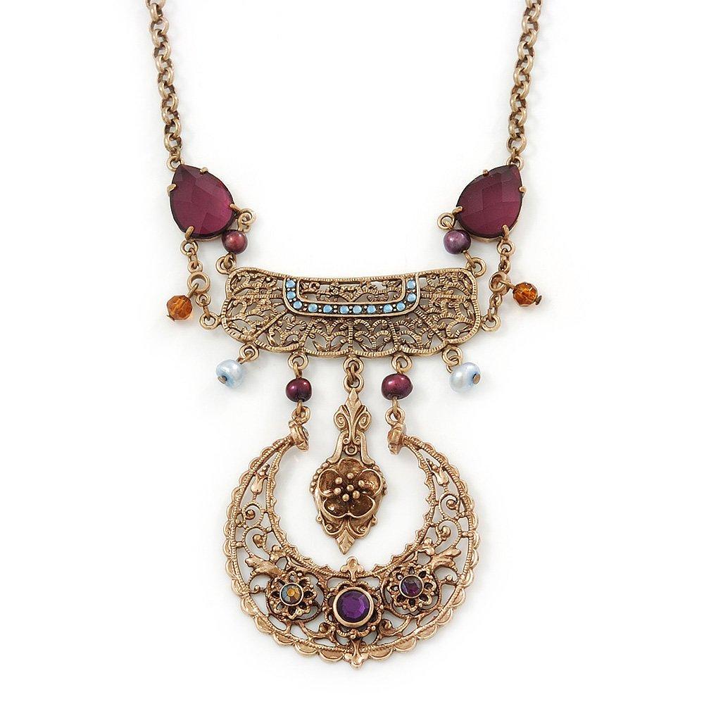 [Australia] - Avalaya Vintage Inspired Filigree, Purple Stone, Freshwater Pearl Necklace in Gold Tone Metal - 36cm Length/ 4cm Extension 