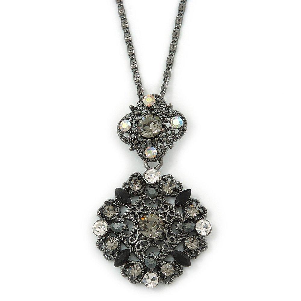 [Australia] - Avalaya Victorian Style Crystal Double Square Pendant with 44cm L Gun Metal Chain 