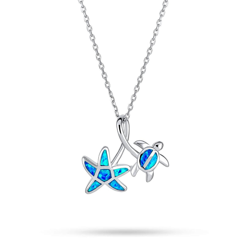 [Australia] - Nautical Blue Created Opal Inlay Starfish Turtle Pendant Necklace For Women For Teen 925 Sterling Silver 