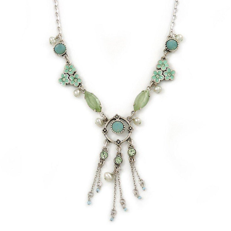[Australia] - Avalaya Light Green Enamel, Crystal, Floral Tassel Necklace in Silver Tone - 38cm L/ 5cm Ext 