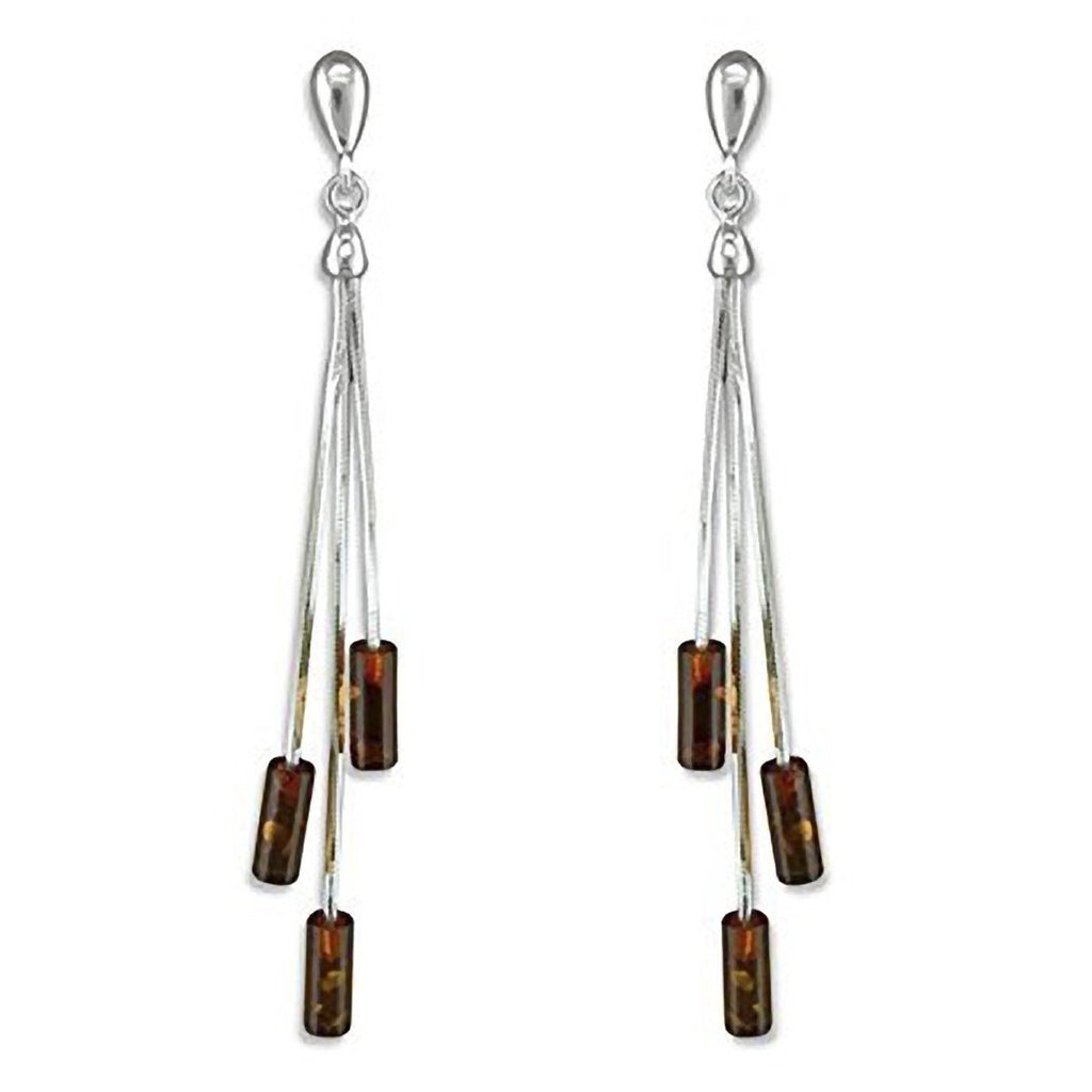 [Australia] - Triple Cognac Amber Tubes Long Fancy Dangly/Dangle Drop Silver Earrings for Women/Teenage/Girls - 925 Sterling Silver - Amber Jewellery - 9mm W X 64mm H - Weight: 3.22 Grams 