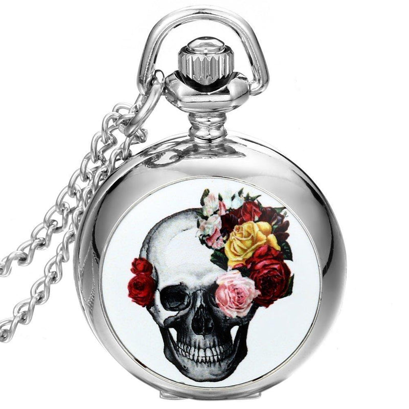 [Australia] - JewelryWe New Skull and Flower Print Quartz Pocket Watch Pendant Necklace White Dial Arabic Numerals with 31.5" Chain, with Gift Bag 