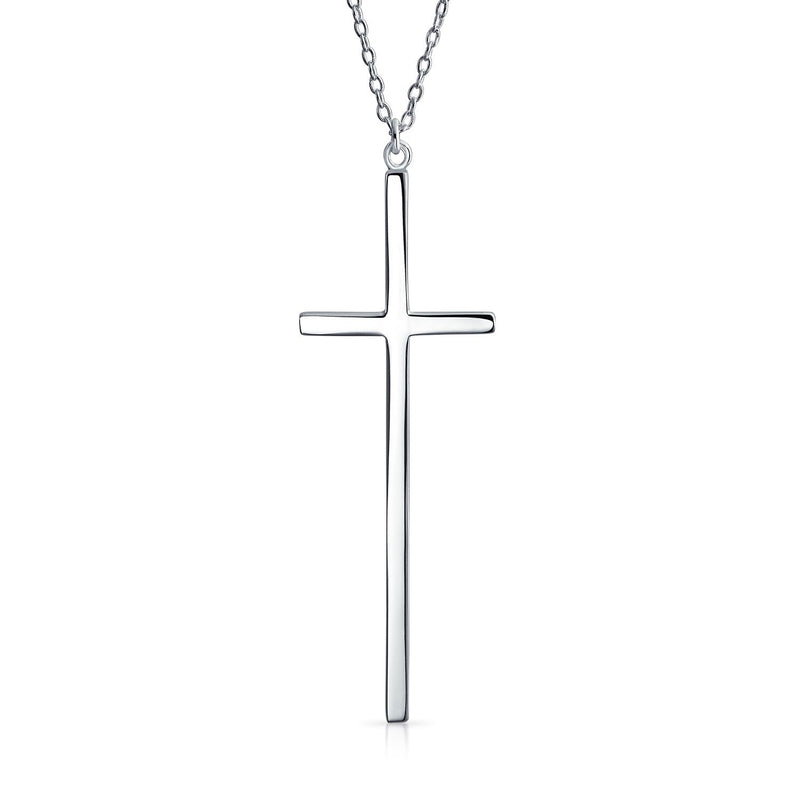 [Australia] - Bling Jewelry Modern Elongated Simple Basic Long Flat Thin Delicate Religious Latin Cross Pendant Necklace for Women Teen Rose Gold Plated 925 Sterling Silver 