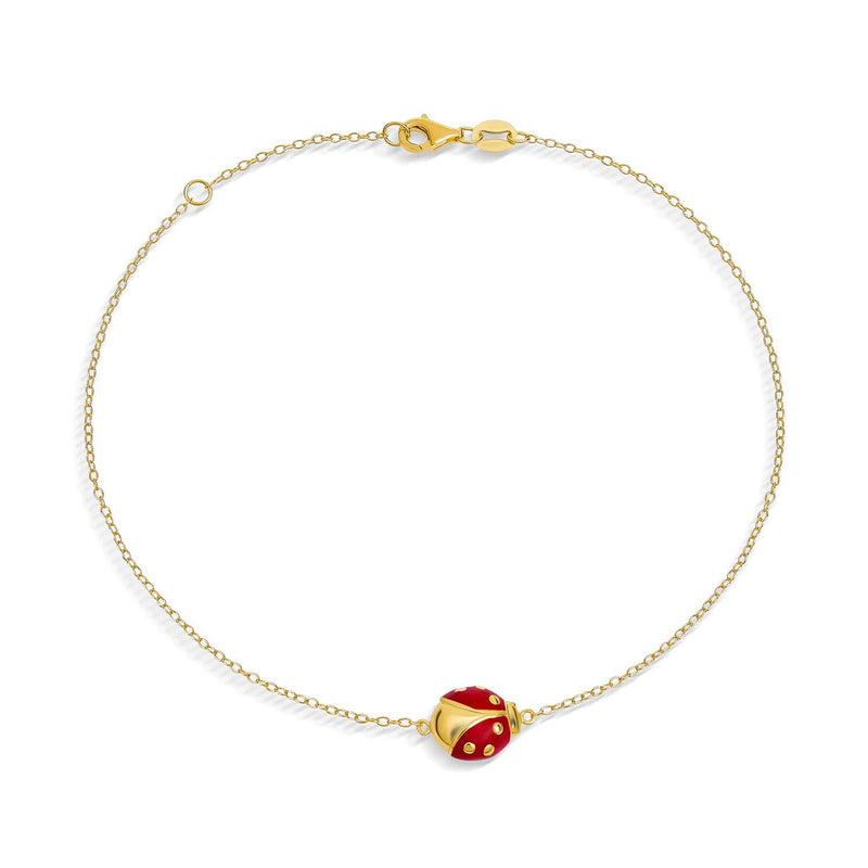 [Australia] - Red Ladybug Garden Charm Anklet Link Ankle Bracelet For Women 14K Gold Plated .925 Sterling Silver Adjustable 9 To 10 Inch With Extender 