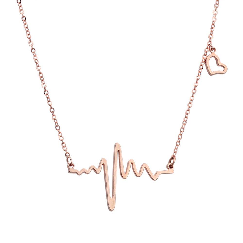 [Australia] - ELBLUVF 18k Rose Gold Plated Stainless Steel EKG Heartbeat Love Cardiogram Necklace Jewelry for Womens 