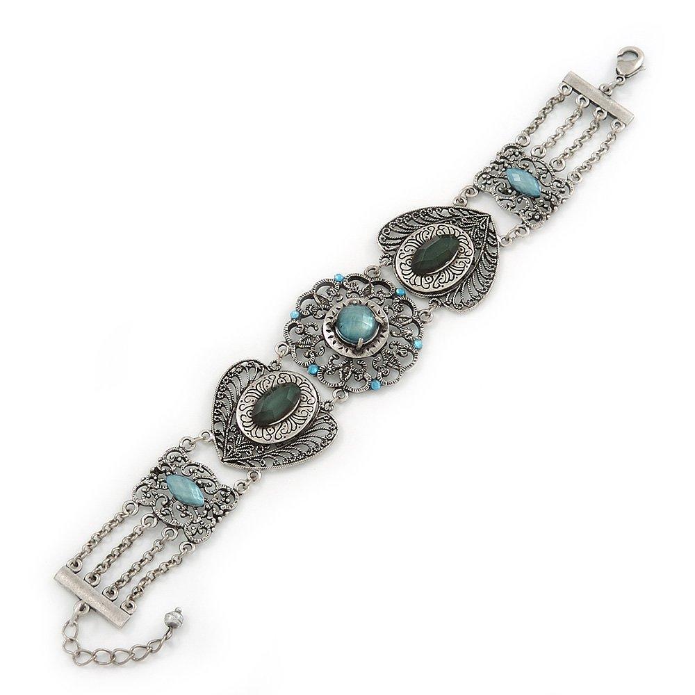 [Australia] - Avalaya Victorian Style Filigree, Green, Blue Coloured Bead Bracelet in Antique Silver Tone - 17cm L/ 3cm Ext 