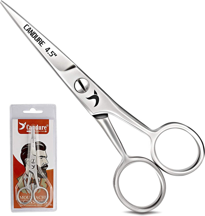 [Australia] - Candure Beard Scissors Professional Moustache Scissors Ear and Nose Hair Trimming Scissors Stainless Steel, Safety Use for Eyebrows, Eyelashes, and Ear Hair 